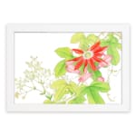 Infidu Vintage Floral Wall Art with a bright red flower, pink buds, green leaves, and small white flowers on a white background with a white frame. hung on the wall