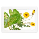 Vintage floral wall art with bright yellow flowers, green leaves, and a white frame on a white background. hung on the wall