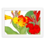 Vintage floral wall art with bright yellow and red flowers, green leaves, and a white background in a classic design. hung on the wall