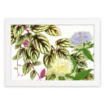 Vintage floral wall art with soft yellow and light purple flowers, green leaves with dark veins, and a white background. hung on the wall