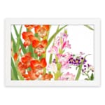Vintage floral wall art with bright orange and soft pink flowers, green leaves, and a white frame on a white background. hung on the wall
