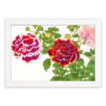 Infidu Vintage Floral Wall Art with red, purple, and pink flowers, green leaves, and a white frame on a white background. hung on the wall