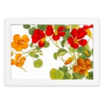 Infidu vintage floral wall art with red and orange flowers, green leaves, and a white frame on a white background. hung on the wall