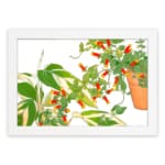Infidu vintage wall art with green leaves, red-orange flowers, and a potted plant, framed in black on a white background for an elegant look. hung on the wall on a white background