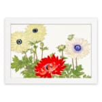 Vintage floral wall art with cream and red flowers, green leaves, and a white background in a classic design. hung on the wall on a white background