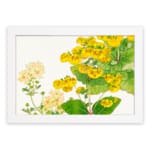 Infidu vintage wall art with bright yellow and pale yellow flowers, green leaves, and a black frame on a white background for an elegant look. hung on the wall on a white background