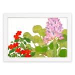 Infidu vintage wall art with soft pink and bright red flowers surrounded by lush green leaves on a white background, creating an elegant look. hung on the wall on a white background