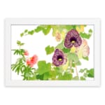 Infidu Vintage Floral Wall Art with deep purple and soft pink flowers, green leaves, and a white frame on a white background. hung on the wall.