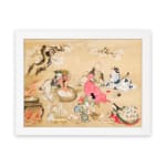 Traditional Asian garden scene with people in colorful robes sitting among trees and flowers on a beige background. hung on the wall