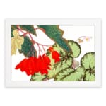 Infidu vintage wall art with bright red flowers, large green leaves, and a white frame on a white background for a classic and elegant look. hung on the wall