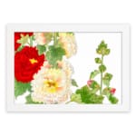 Infidu vintage wall art with red, white, and yellow flowers, green leaves, and a black frame on a white background for a timeless botanical look. hung on the wall on a white background