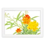 Infidu vintage wall art with orange and yellow flowers, green leaves, and a black frame on a white background for a timeless and elegant look. hung on the wall on a white background