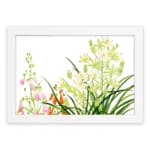 Infidu vintage wall art with green, pink, white, and orange flowers, lush leaves, and a black frame on a white background for a timeless look. hung on the wall on a white background