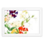 Infidu vintage wall art with red, yellow, purple, and white flowers, green leaves, and a white frame on a white background for an elegant look. hung on the wall on a white background