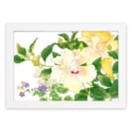Infidu vintage wall art with soft yellow, white, and purple flowers, green leaves, and a white frame on a white background for a timeless botanical look. hung on the wall on a white background
