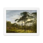 Vintage wall art of a serene forest with sunlight streaming through trees and distant hills in the background. hung on the wall