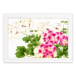 Infidu vintage wall art with pink and white flowers, green leaves, and a white frame on a white background for a timeless and elegant look. hung on the wall on a white background