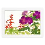 Infidu vintage wall art with deep purple and bright red flowers, green leaves, and a white background, framed in white for a classic and elegant look. hung on the wall