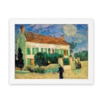 Infidu vintage wall art featuring a house with a red roof, green shutters, and a bright blue sky with the sun or moon shining, surrounded by lush grass and a walking path. hung on the wall on a white background