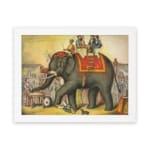 Vintage wall art of a grand elephant parade with red and gold decorations, surrounded by people in a festive village scene. hung on the wall