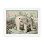 Vintage wall art featuring a polar bear in an icy Arctic landscape with icebergs, explorers, and a soft blue and pink sky. hung on the wall