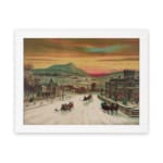 Infidu vintage wall art of a winter scene with horse-drawn sleighs passing through a snowy town, featuring warm sky tones and a peaceful landscape. hung on the wall on a white background