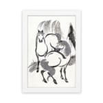 Infidu vintage wall art featuring two horses in black and white ink with bold brushstrokes, creating a timeless and dynamic design. hung on the wall on a white background