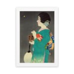 Infidu vintage wall art featuring a traditional Japanese woman in a teal kimono with intricate patterns, holding a fan and a small box, gazing at a glowing object against a muted gray background. hung on the wall on a white background