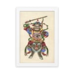 Infidu vintage wall art featuring a Chinese warrior in vibrant red, green, blue, and gold attire, standing atop a fierce mythical beast while wielding a staff, set against an off-white background. hung on the wall on a white background