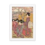 Japanese women in traditional kimonos standing under cherry blossom trees in a serene vintage-style outdoor setting. hung on the wall