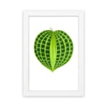 Heart-shaped green leaf with light and dark green patterns on white background, framed in white, vintage botanical wall art hung on the wall