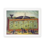 Vintage wall art of a whale exhibition featuring a large whale in a glass enclosure with spectators in classic attire and a nostalgic setting. hung on the wall