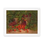 Rustic vintage wall art featuring strawberries spilling from wooden baskets with green leaves and a garden background. hung on the wall.