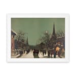 Infidu vintage wall art featuring a winter city scene with snowy streets, people walking, horse-drawn carriages, and warm golden lights from historic buildings, creating a cozy, old-fashioned atmosphere. hung on the wall on a white background