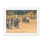 Infidu vintage wall art depicting a bustling city street scene with early 20th-century charm, featuring elegantly dressed people, vintage cars, and glowing city lights against tall buildings. displayed on the wall art in a black frame