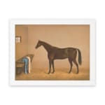Infidu vintage wall art featuring an elegant horse standing in a cozy stable, with soft brown and beige tones, a small window, and rustic details. hung on the wall on a white background