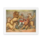 Vintage wall art of lion tamer in red outfit with multiple circus lions in dynamic poses inside a cage. hung on the wall