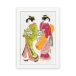 Two Japanese women in traditional green and red kimonos with decorative items, illustrated in elegant vintage style. hung on the wall