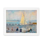 Infidu vintage wall art featuring a peaceful seaside scene with a sailboat on calm waters, people on the beach, and soft pastel colors in the sky. hung on the wall on a white background