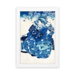 Infidu vintage wall art featuring a graceful figure in a patterned kimono with floral details, set against a soft cherry blossom background in a classic blue and white color scheme. hung on the wall on a white background