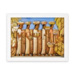 Infidu vintage wall art featuring a group of women in traditional clothing carrying baskets, set against a tropical backdrop with banana trees and a bright blue sky. hung on the wall on a white background