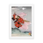 Infidu vintage wall art featuring a gracefully dressed figure in traditional Japanese attire against a serene moonlit sky, with rich red and pink floral designs contrasting a soft gray and blue background. hung on the wall on a white background