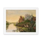 Dreamy vintage river landscape with deer, two castles, and a golden sky in a peaceful fairytale setting. hung on the wall