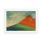 Infidu vintage wall art featuring an iconic view of Mount Fuji with a red-orange peak, a blue sky, and lush green surroundings in a traditional Japanese style. hung on the wall on a white background