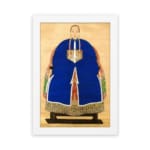 Vintage wall art of a classic East Asian portrait showing a person in a royal blue robe with gold accents on a beige background. hung on the wall