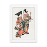 Two figures in traditional Japanese kimonos with orange, green, and black patterns standing gracefully on a plain white background. hung on the wall