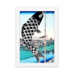 Infidu vintage wall art featuring a black koi fish hanging on a pole with intricate scales, set against a traditional Japanese landscape with a blue sky, serene water, and a classic bridge. hung on the wall on a white background