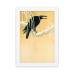 Infidu vintage wall art featuring a black crow perched on a snow-covered tree against a soft beige or light golden background, creating a timeless and artistic winter scene. hung on the wall on a white background