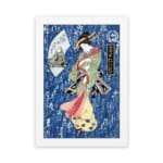 Japanese woman in colorful kimono with calligraphy background, vintage art style hung on the wall