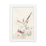 Vintage wall art with a bird surrounded by delicate flowers and plants in soft greens, reds, and whites, framed in white. hung on the wall
